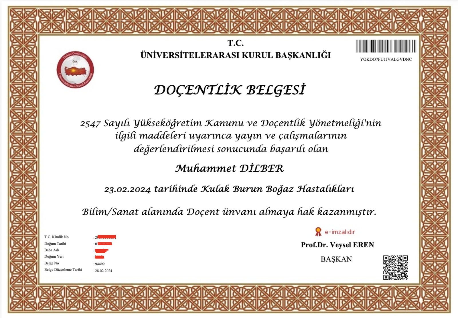 Official Associate Professorship Certificate of Assoc. Prof. Dr. Muhammet Dilber in Otorhinolaryngology, awarded on 23 February 2024